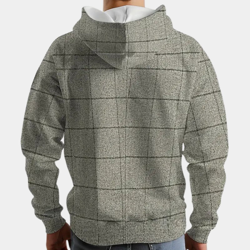 Grauer kariertes Kapuzenpullover Herren, modisch, bequem, Freizeitkleidung, Rückansicht.