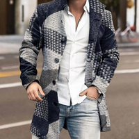 Mann in kariertem Wollmantel, blau-grau, modisch, Herbstmode, Straße, lässiger Stil.