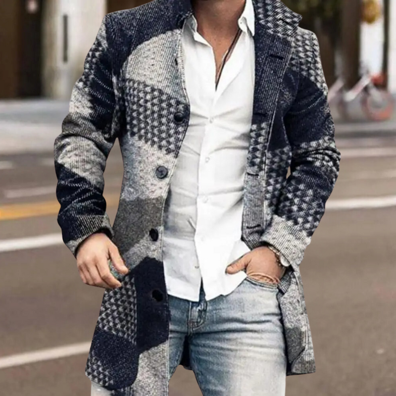 Mann in kariertem Wollmantel, blau-grau, modisch, Herbstmode, Straße, lässiger Stil.