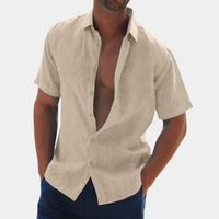 Khaki Leinenhemd für Herren, kurzärmelig, lässig, Sommermode, offen getragen.