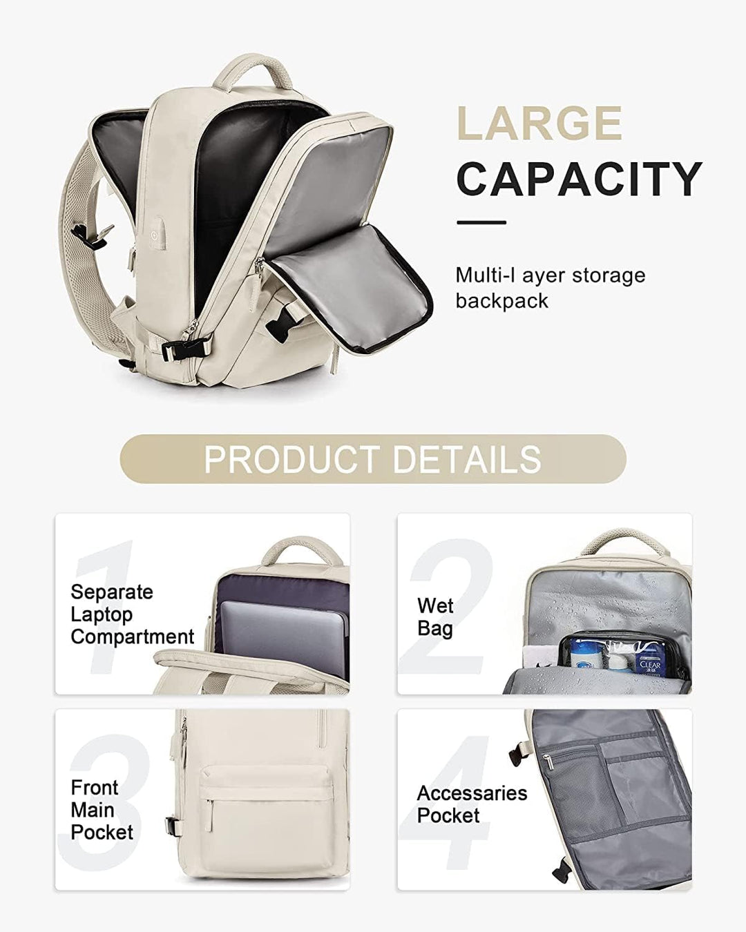 40L Wasserdichter Reiserucksack mit Schuhfach und USB-Anschluss – Geeignet für 14”-Laptops