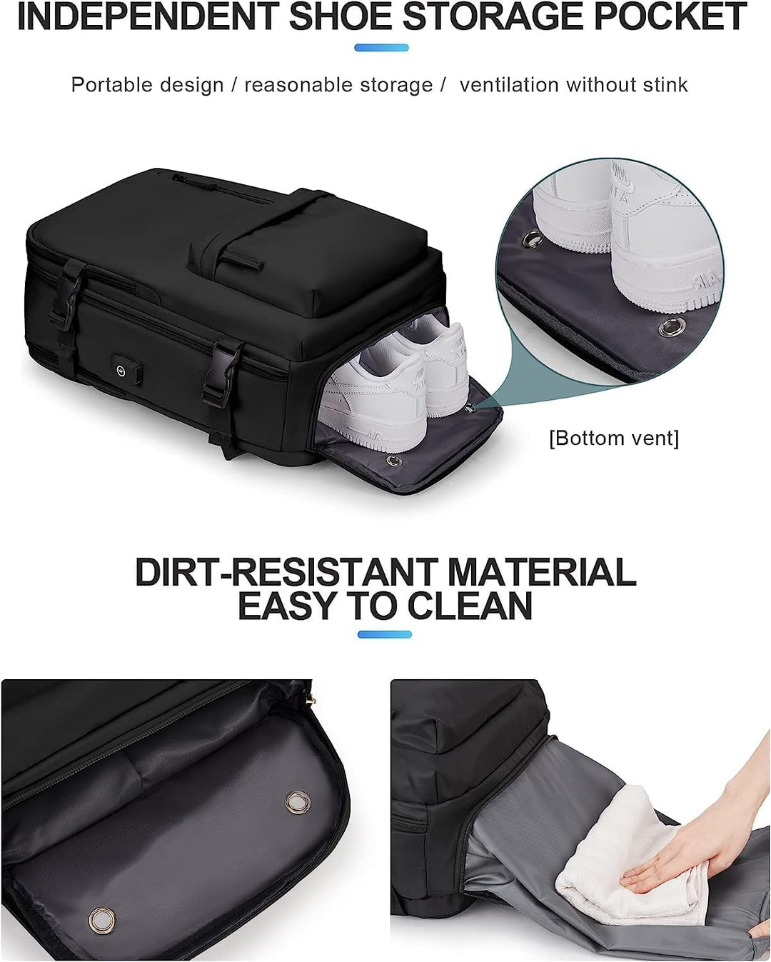 Wasserdichter Reiserucksack mit Schuhfach und USB-Anschluss – Geeignet für 14"-Laptop