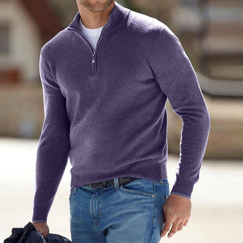 Lila Herrenpullover mit Reißverschluss, Langarm, Freizeitmode, Baumwolle, Winterkleidung.