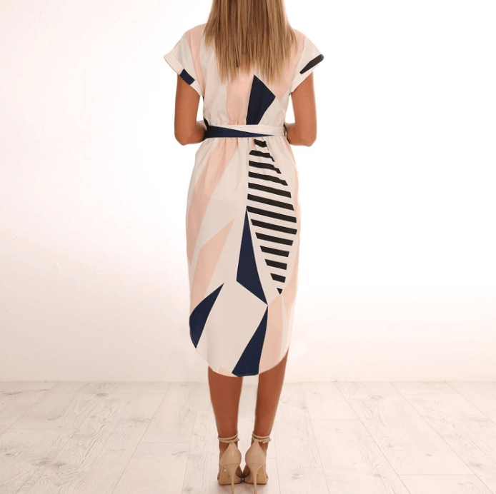 Trendige Asymmetrische Damen Midikleid mit Print und Taillengürtel – Elira