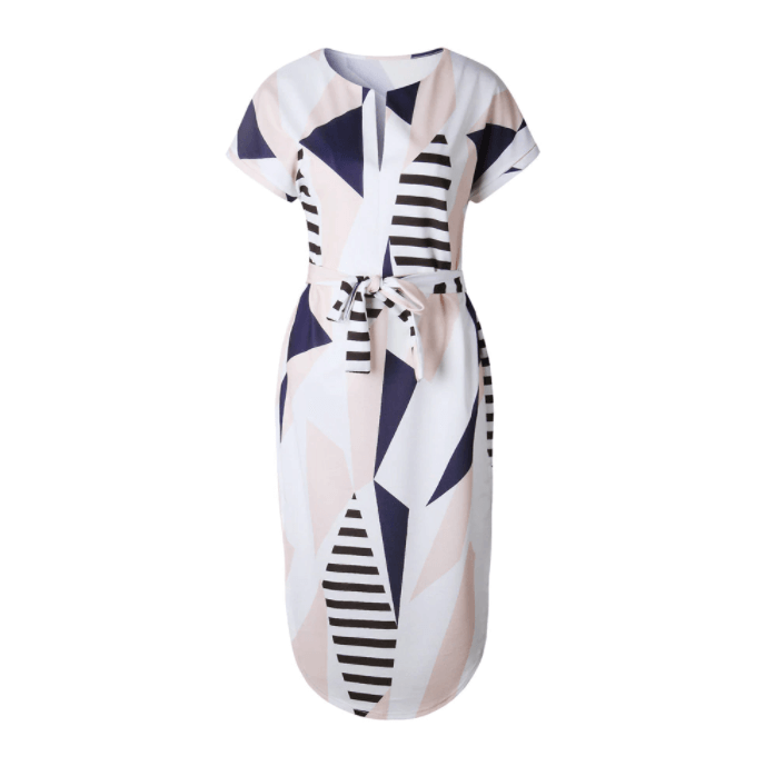 Trendige Asymmetrische Damen Midikleid mit Print und Taillengürtel – Elira