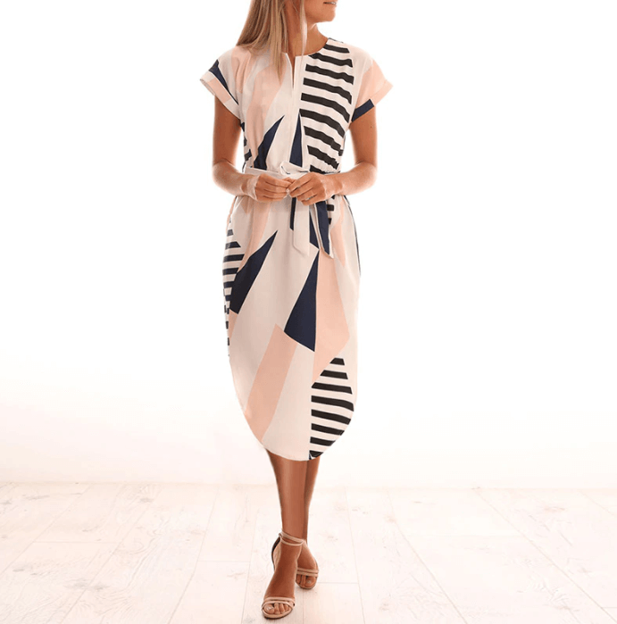 Trendige Asymmetrische Damen Midikleid mit Print und Taillengürtel – Elira