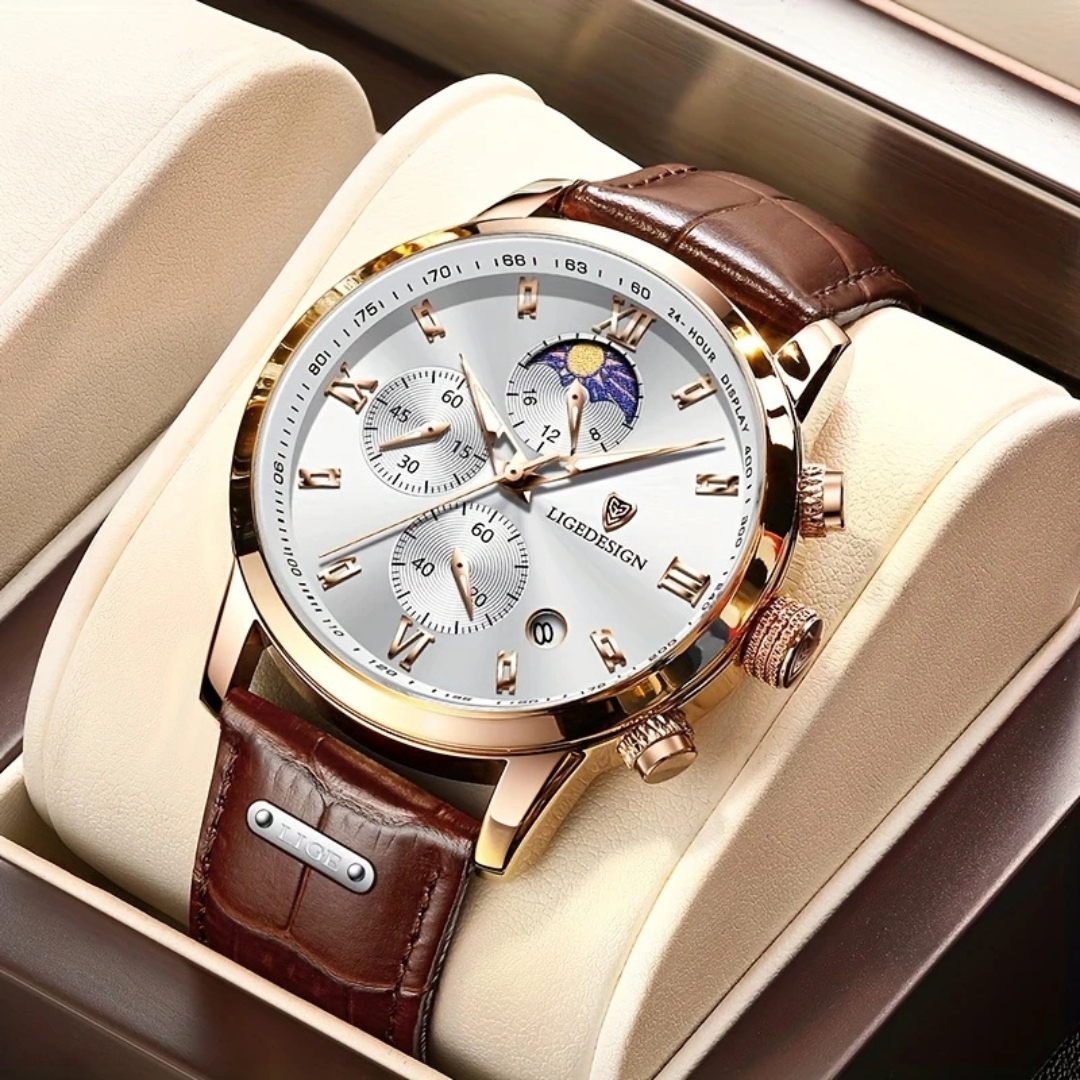Klassische Herrenarmbanduhr mit Quarzwerk & Lederarmband – Davion