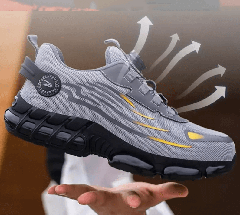 Grauer Schuh mit gelben Streifen schwebt über einer Hand, Pfeile deuten die Luftzirkulation an 6