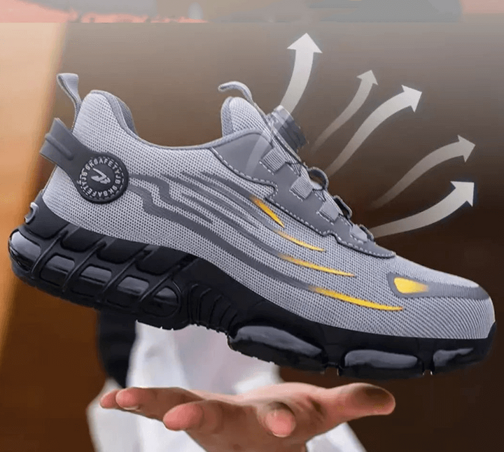 Grauer Schuh mit gelben Streifen schwebt über einer Hand, Pfeile deuten die Luftzirkulation an 6