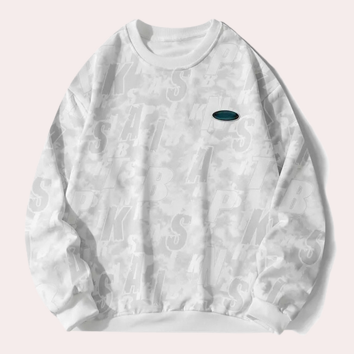 Weiße Sweatshirt mit grauem Muster, Rundhalsausschnitt, lässiger Stil, Unisex-Mode.