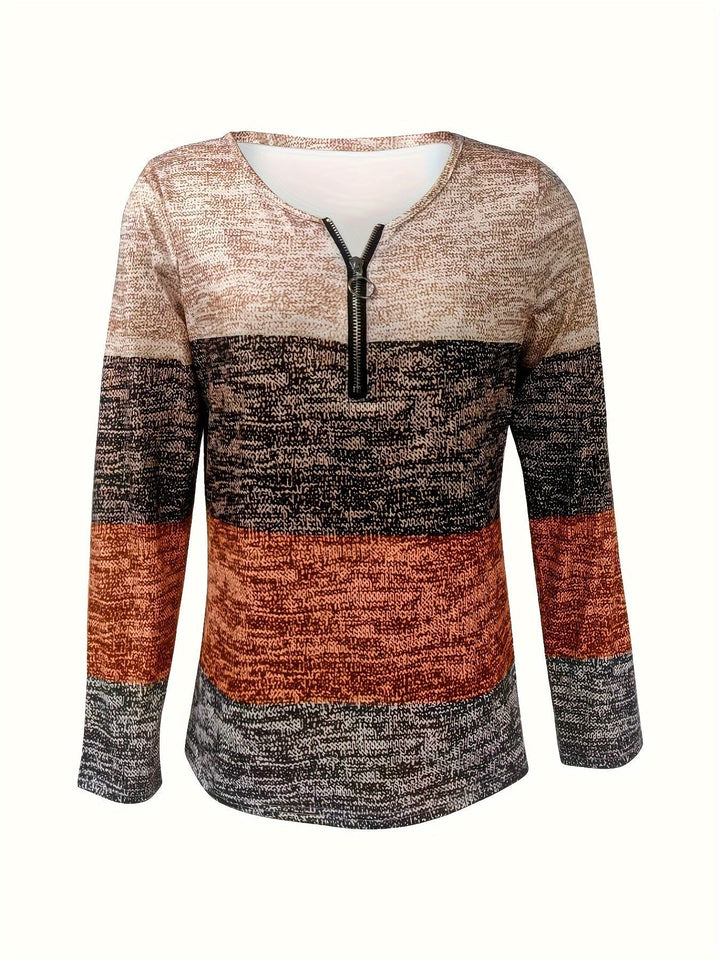 Damenpullover mit Blockstreifen und Viertelreißverschluss – Mila