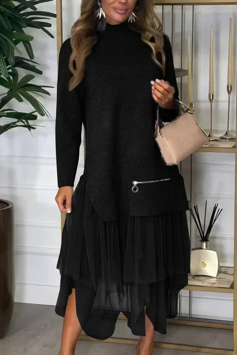 Lässiges Kleid mit langen Ärmeln und Mesh-Rock – Ysolde