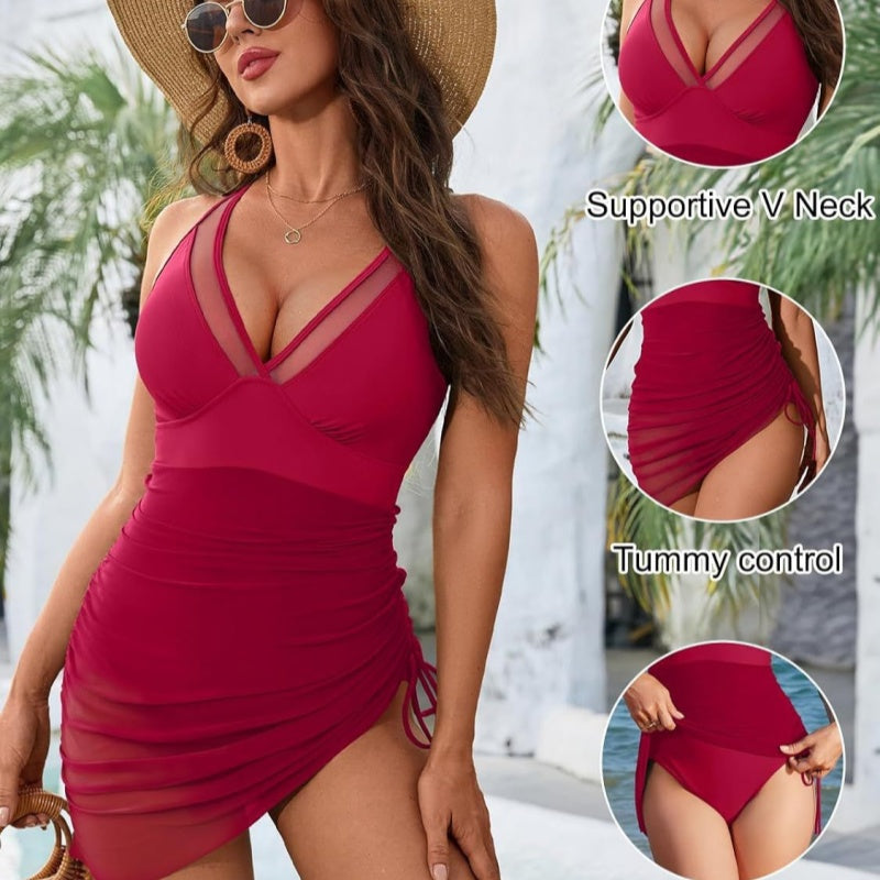 Formendes Badeanzugkleid mit Mesh-Einsatz & Wickeloptik – Melina