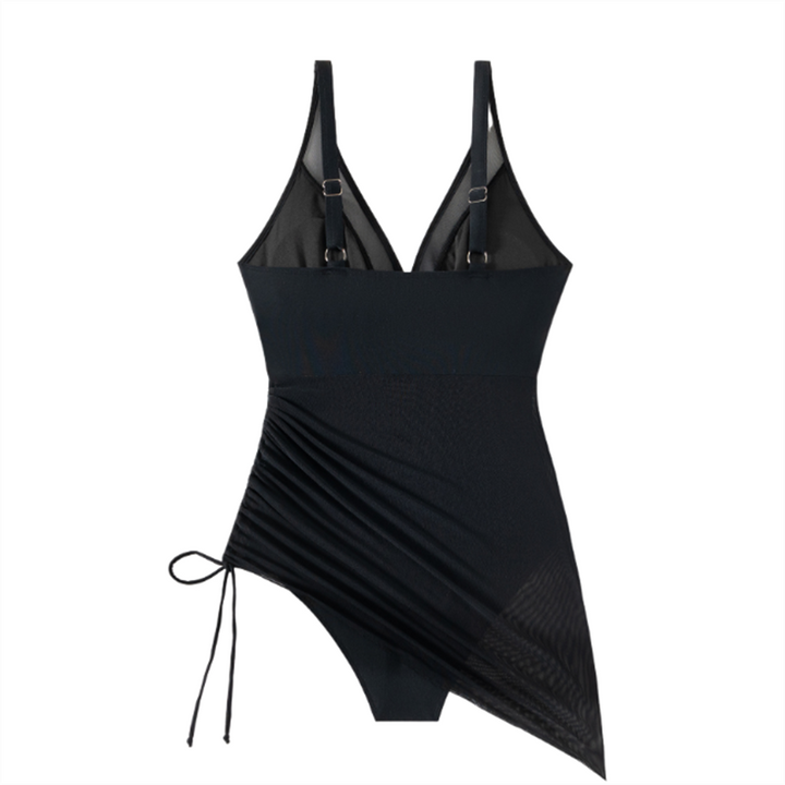 Formendes Badeanzugkleid mit Mesh-Einsatz & Wickeloptik – Melina