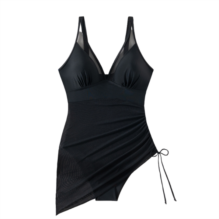 Formendes Badeanzugkleid mit Mesh-Einsatz & Wickeloptik – Melina