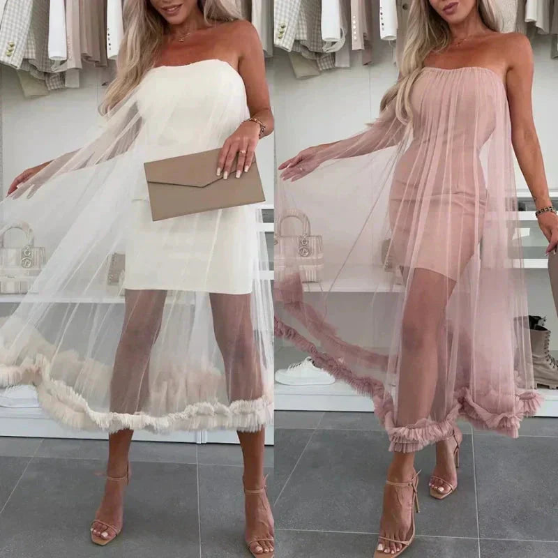 Schulterfreies Tüllkleid mit Volants – Nea