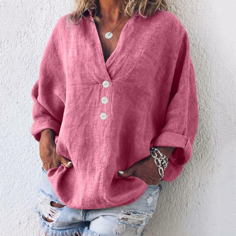 Luftige Damen Leinenbluse mit Knopfleiste und V-Ausschnitt – Elodie