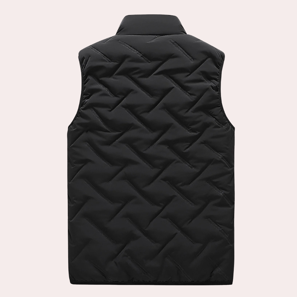 Schwarze Steppweste, ärmellos, warm, modisch, für Herren, Winterbekleidung, Rückansicht.