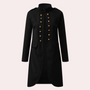 Schwarzer Damenmantel mit goldenen Knöpfen, eleganter Militärstil, Herbstmode, langärmelig.