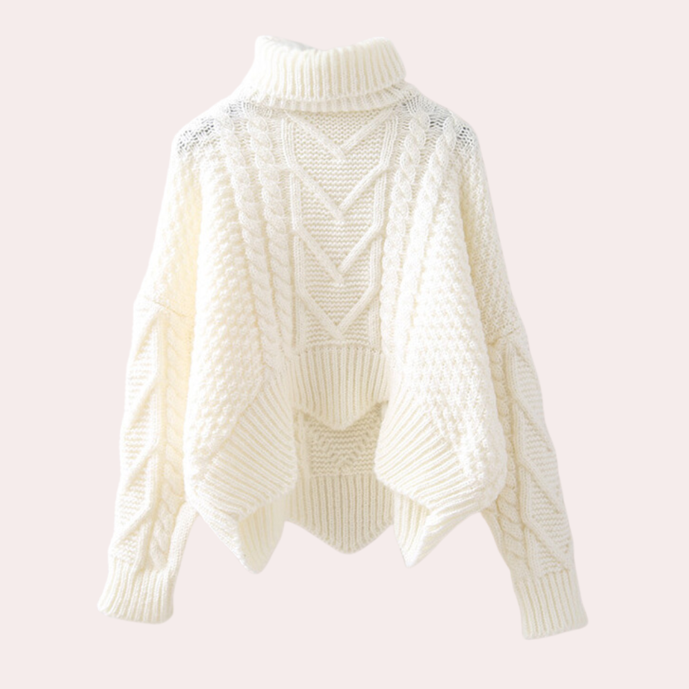 Weißer Strickpullover mit Rollkragen, Zopfmuster, Damenmode, Winterkleidung, gemütlich.