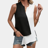 Ärmellose Damenbluse, schwarz-weiß, asymmetrisch, lässig, Sommermode, Baumwolle.