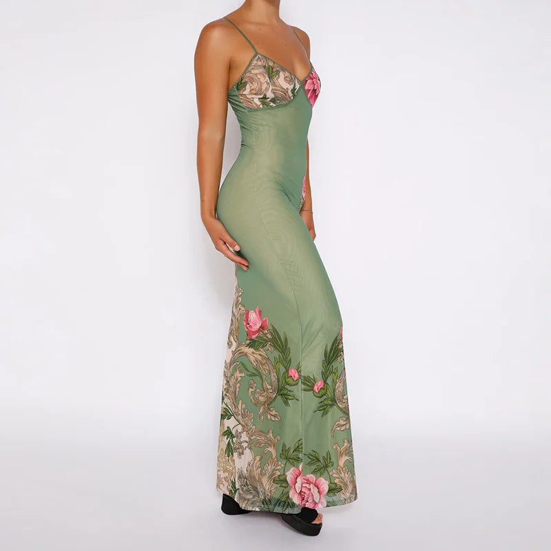 Florales Sommer-Maxikleid mit V-Ausschnitt und Spaghettiträgern - Alina