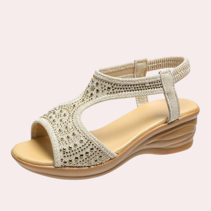 Beige Damen-Sandale mit Keilabsatz, Strasssteinen, elastischem Riemen, Sommermode.